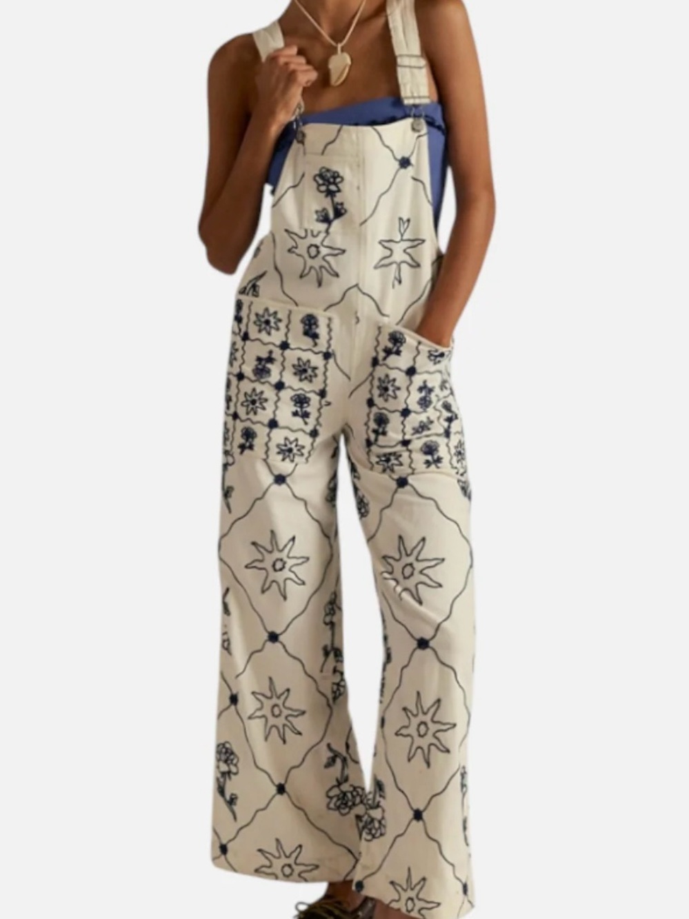 Free People Rising Sun Cream Embroidered Overalls